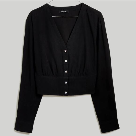 Madewell Black Lusterweave V-Neck Button Front Shirt NWT Size XXS - Picture 4 of 8
